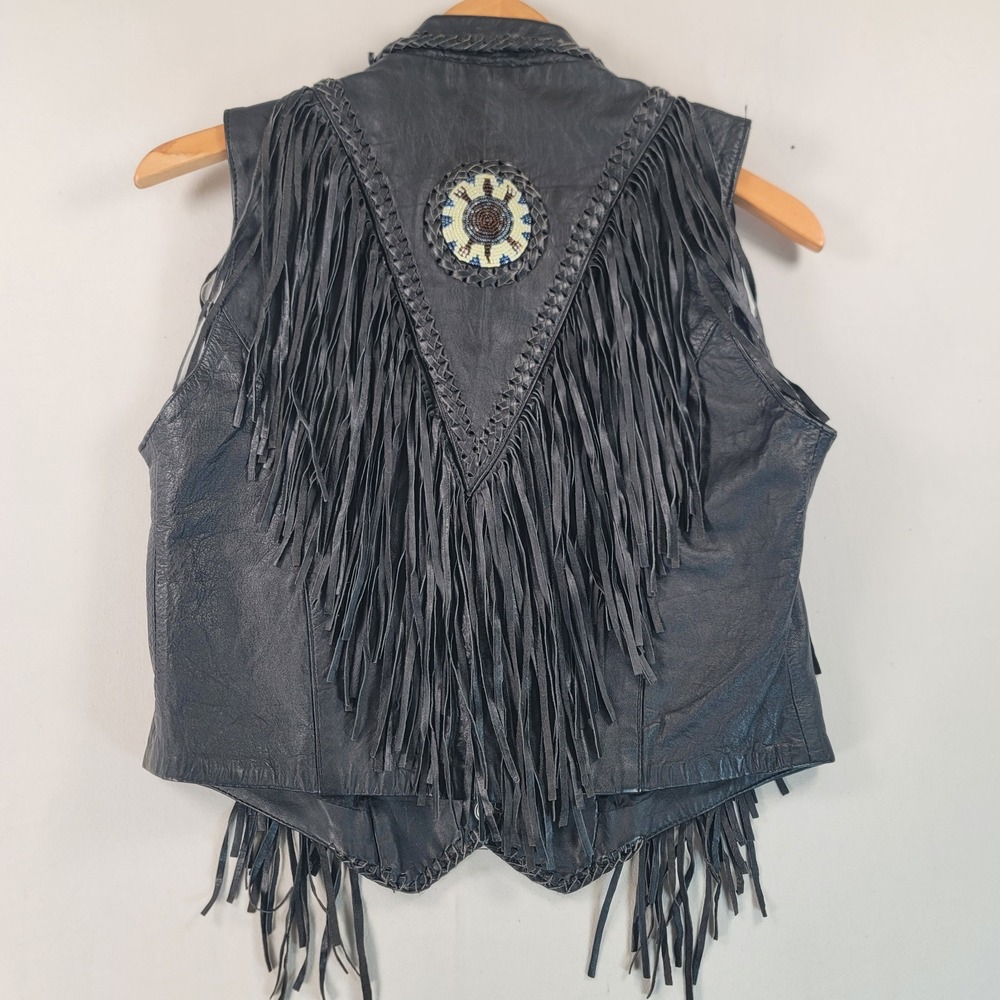 Hot Leathers VTG Womens XL** Leather Fringe Biker Vest Beaded Western Black READ - Picture 10 of 11